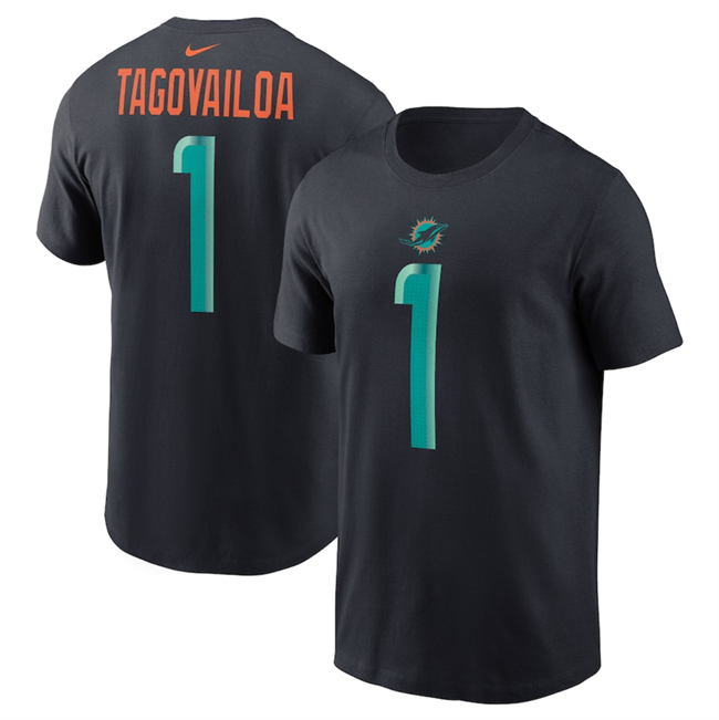 Men's Black Miami Dolphins #1 Tua Tagovailoa 2025 Rivalries Collection Player Name & Number T-Shirt